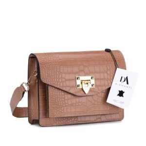 Geanta dama din piele naturala lacuita cu textura croco DiAmanti Sofia Roz Somon